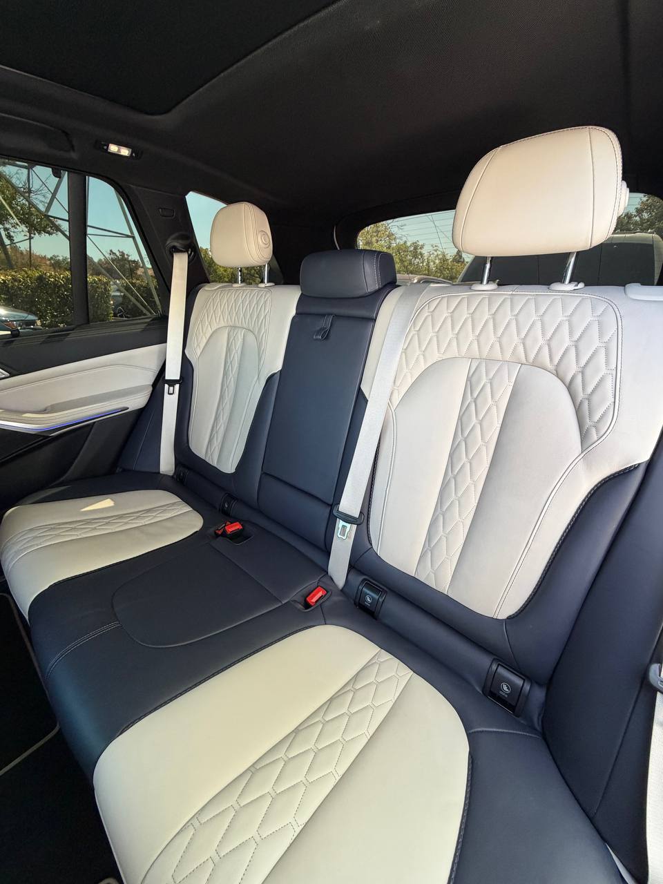 Ivory and dark leather rear seats after interior detailing